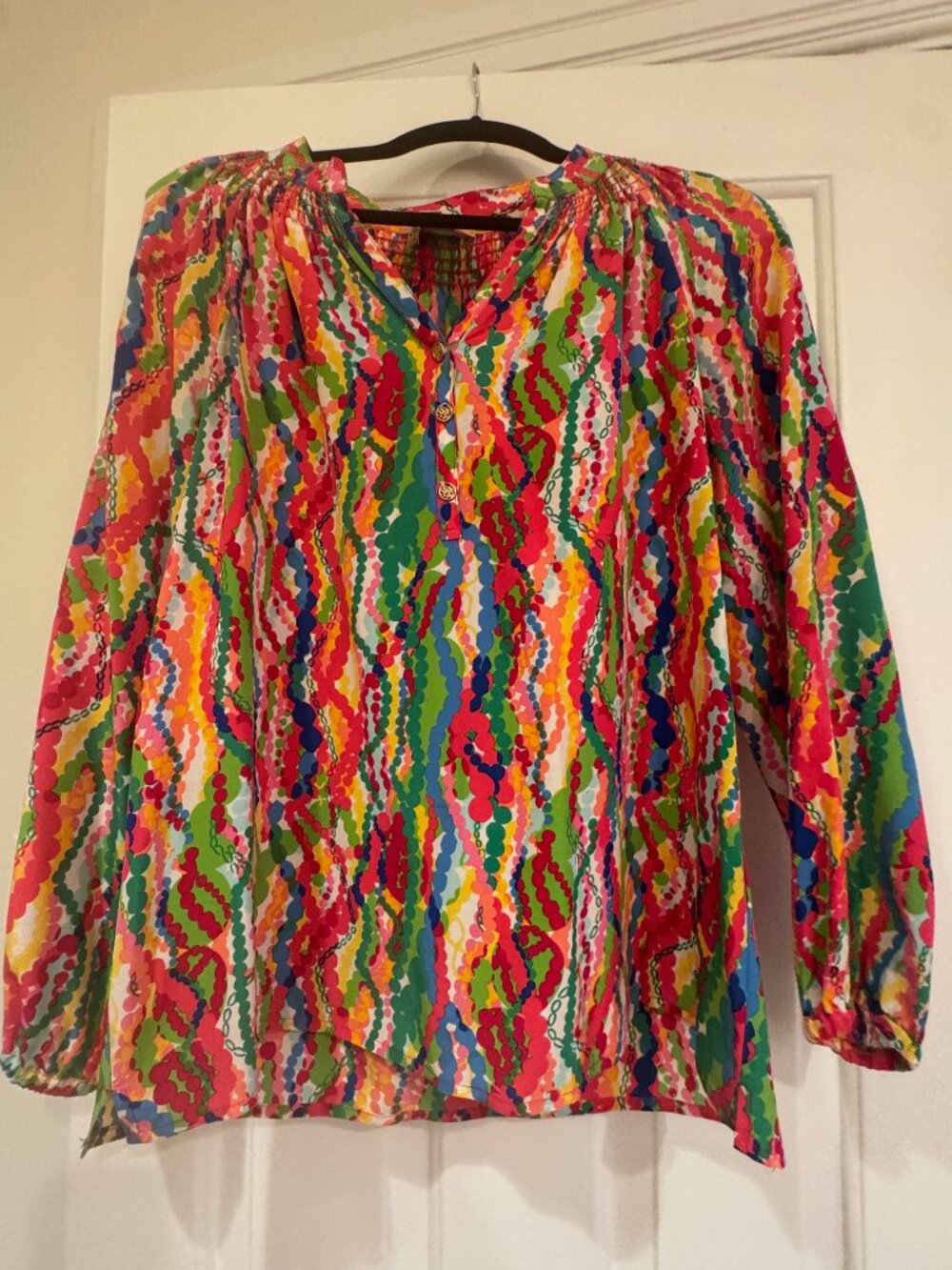 Lilly Pulitzer Colorful Wavy Print Long Sleeve Button-Neck Blouse Size S